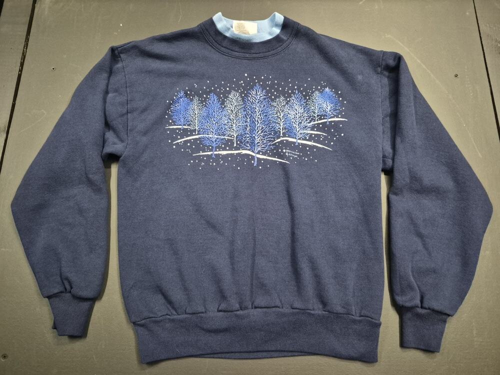 Vtg Ladies Med Morning Sun Navy Sweatshirt Winter Scene Holiday 90s